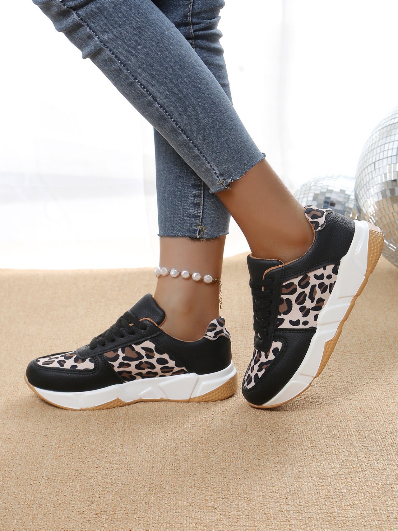 Women's Leopard Print  Flat Lace-up Sports Casual Sneakers Shoes