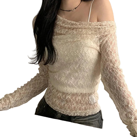 Women’s Lace Long Sleeve Blouse – Sheer Floral Lace Top for Elegant Outfits
