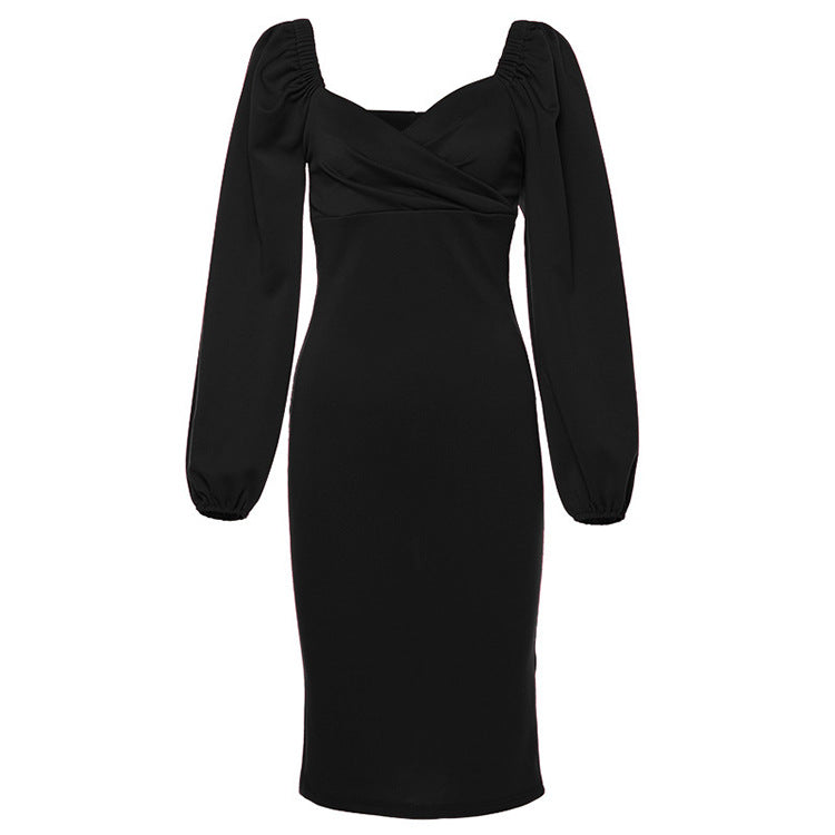 Elegant Puff Sleeve Waist Dress for Women – Temperament Midi Dress
