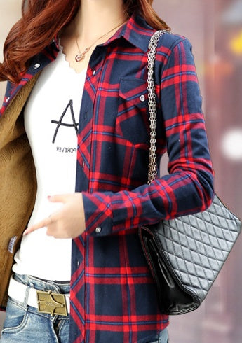 Women's British Long Sleeved Plaid Shirt  For Casual Use At Home Or For A Walk