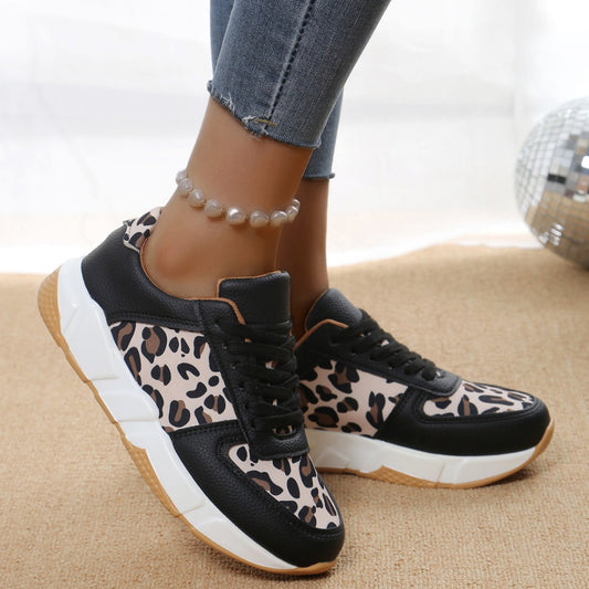 Women's Leopard Print  Flat Lace-up Sports Casual Sneakers Shoes