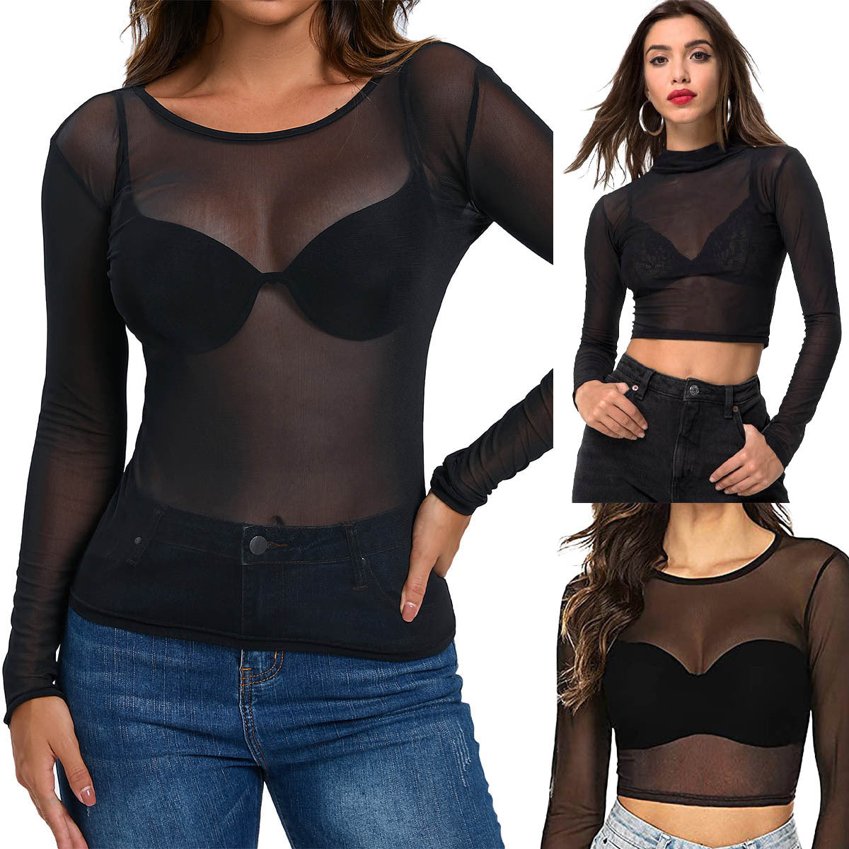 Women’s Sheer Mesh Long Sleeve Slim Fit Top – Lightweight See-Through Fashion BlouseV