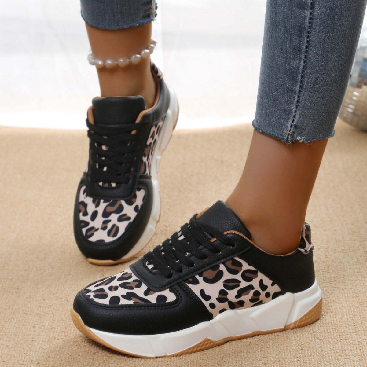 Women's Leopard Print  Flat Lace-up Sports Casual Sneakers Shoes