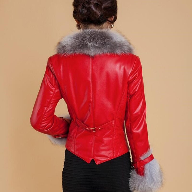 Stylish Leather Coat For Women | Fox Fur Collar Jacket