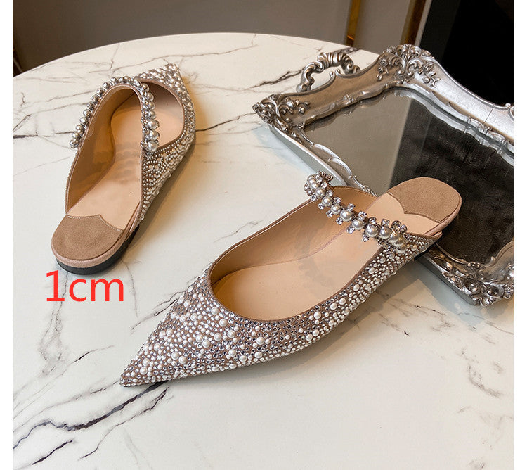 Mouth Rhinestones Pearl Flat High Heels Single Shoes Women