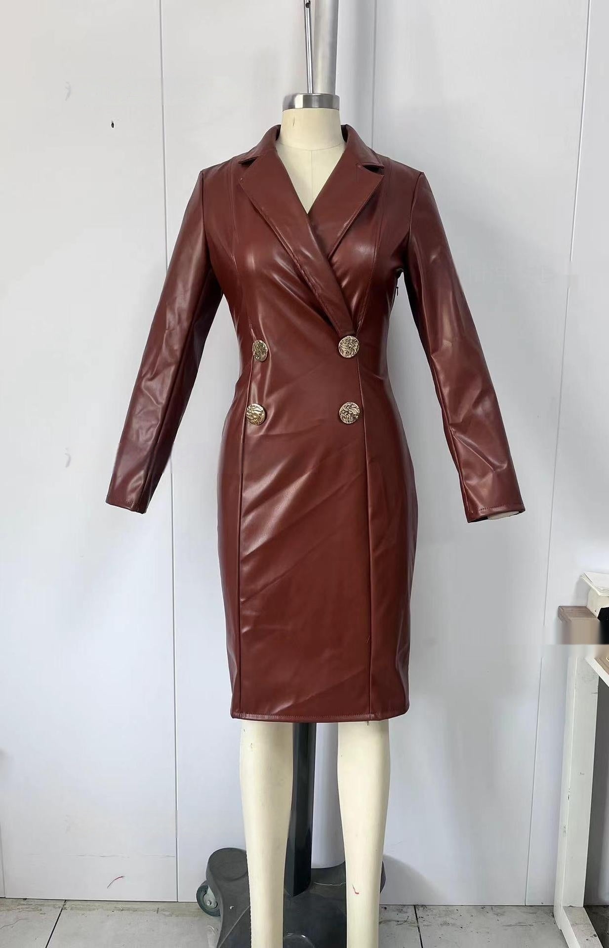 Women's Chic PU Leather Suit Dress – Stylish Long Sleeve Coat Dress 🖤✨