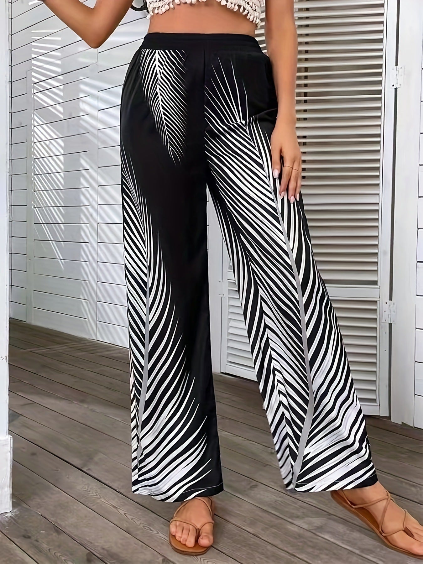 Women’s Wide-Leg Pants – Elegant Striped Leaf Print Fashion Trousers
