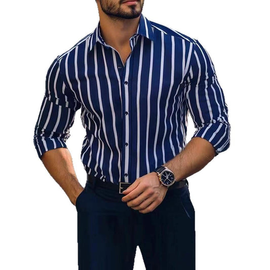 Men’s Casual Striped Shirt – Four-Way Stretch Long Sleeve Printed Top
