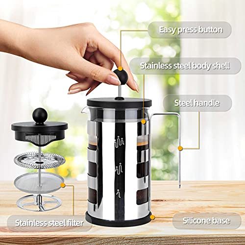 French Press Cafetiere 4 Cups, Stainless Steel Body Shell Coffee Maker- Heat Resistant - Stainless Steel Filter - To Start the Day and End the Afternoon