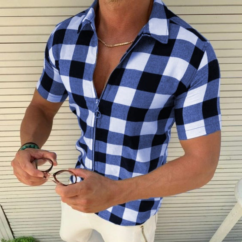 Plaid T Shirt Mens Zipper Short Sleeve Shirts Men Clothing