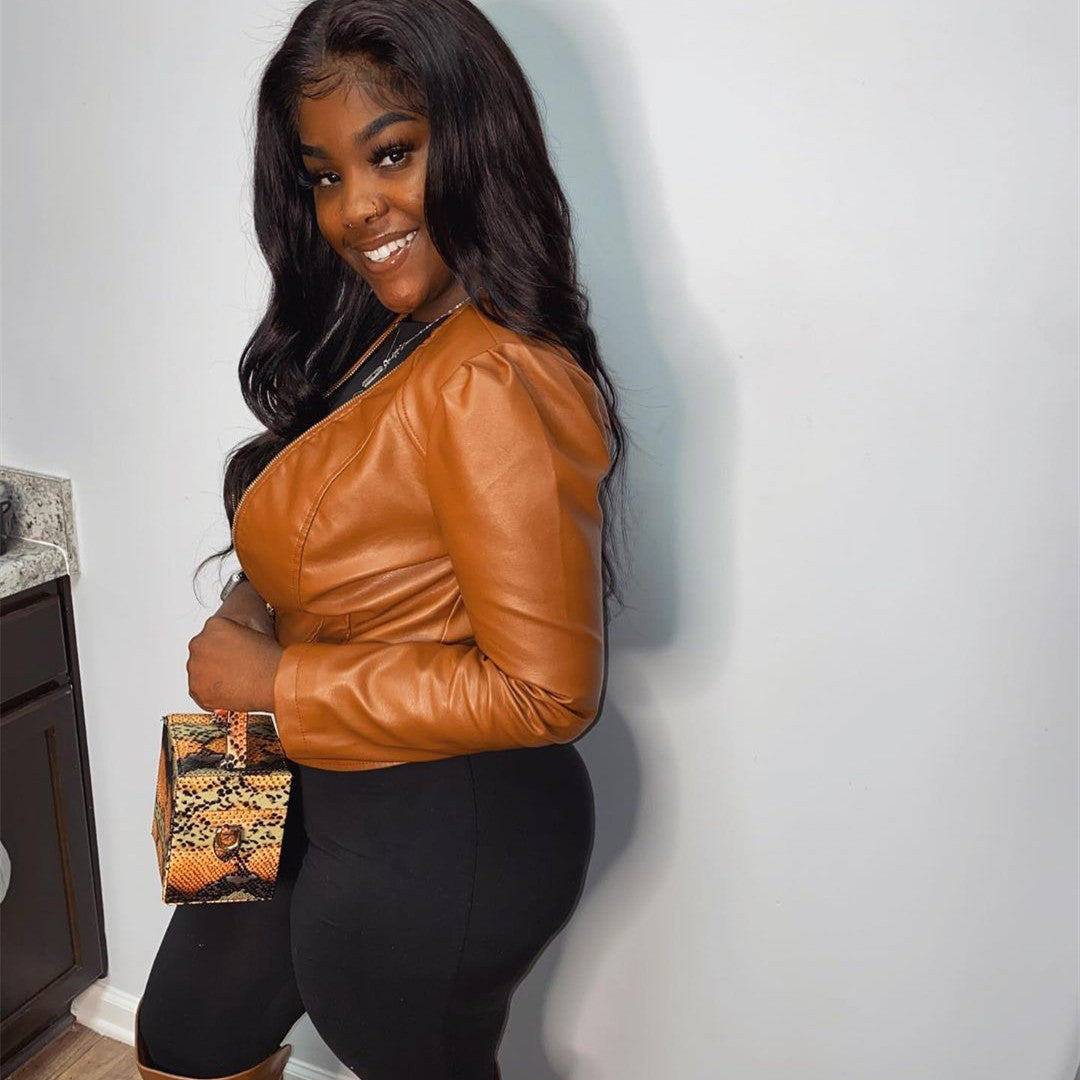 Women's Brown Casual Slim Short Stylish Leather Jacket