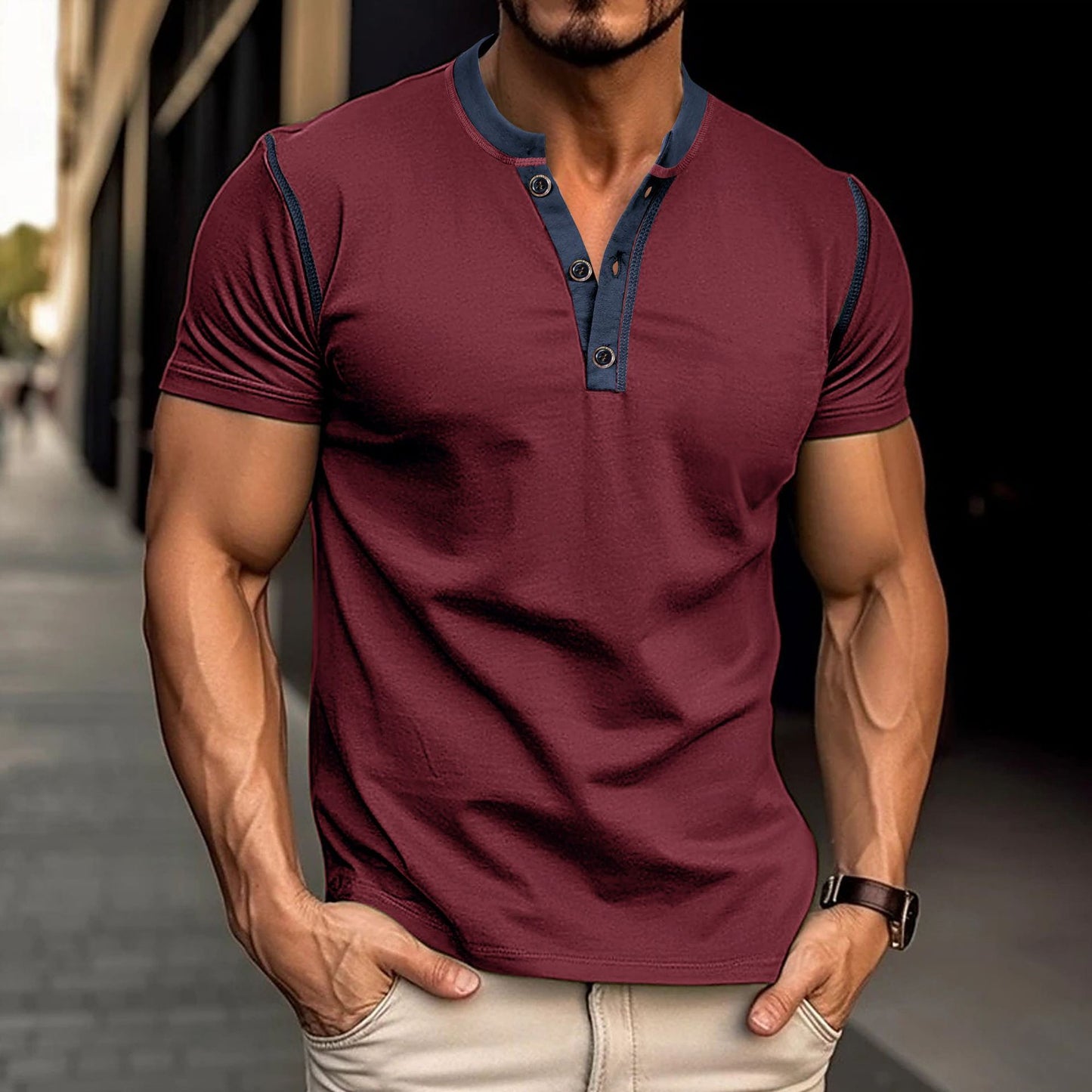 Men Short-sleeved Polo Shirt Button V-neck