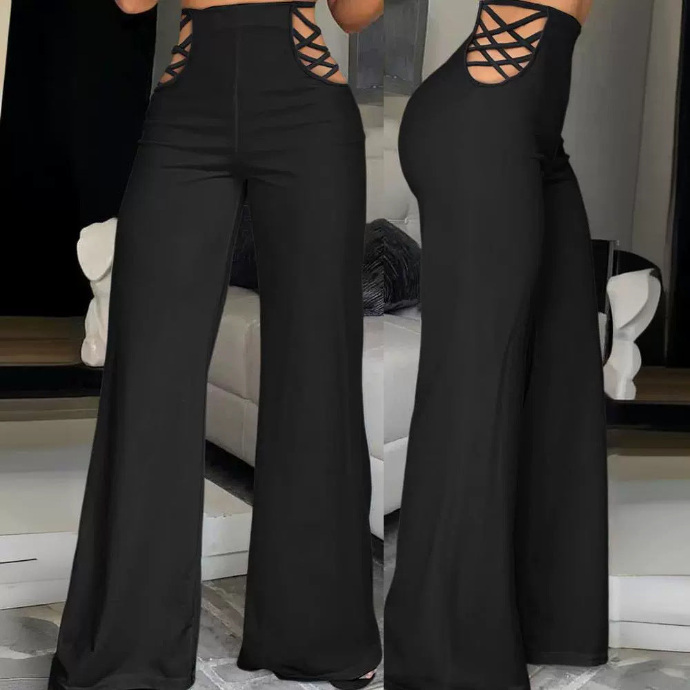 Women’s High-Waist Wide-Leg Pants – Ribbon Tie Elegant Trousers