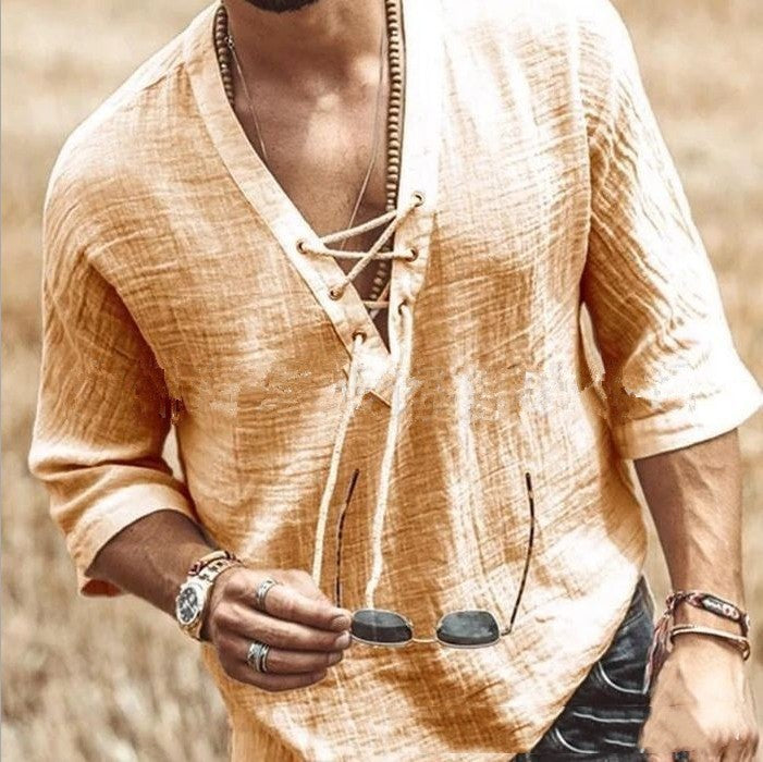 Men Comfortable Lace Up Corn Mid Sleeved T-shirt