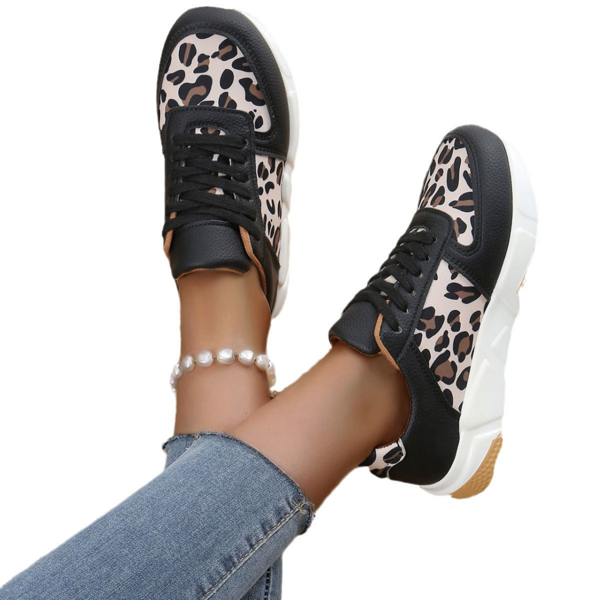 Women's Leopard Print  Flat Lace-up Sports Casual Sneakers Shoes