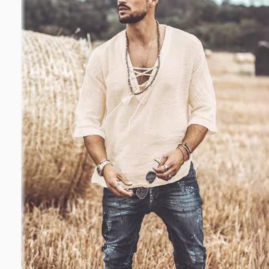 Men Comfortable Lace Up Corn Mid Sleeved T-shirt