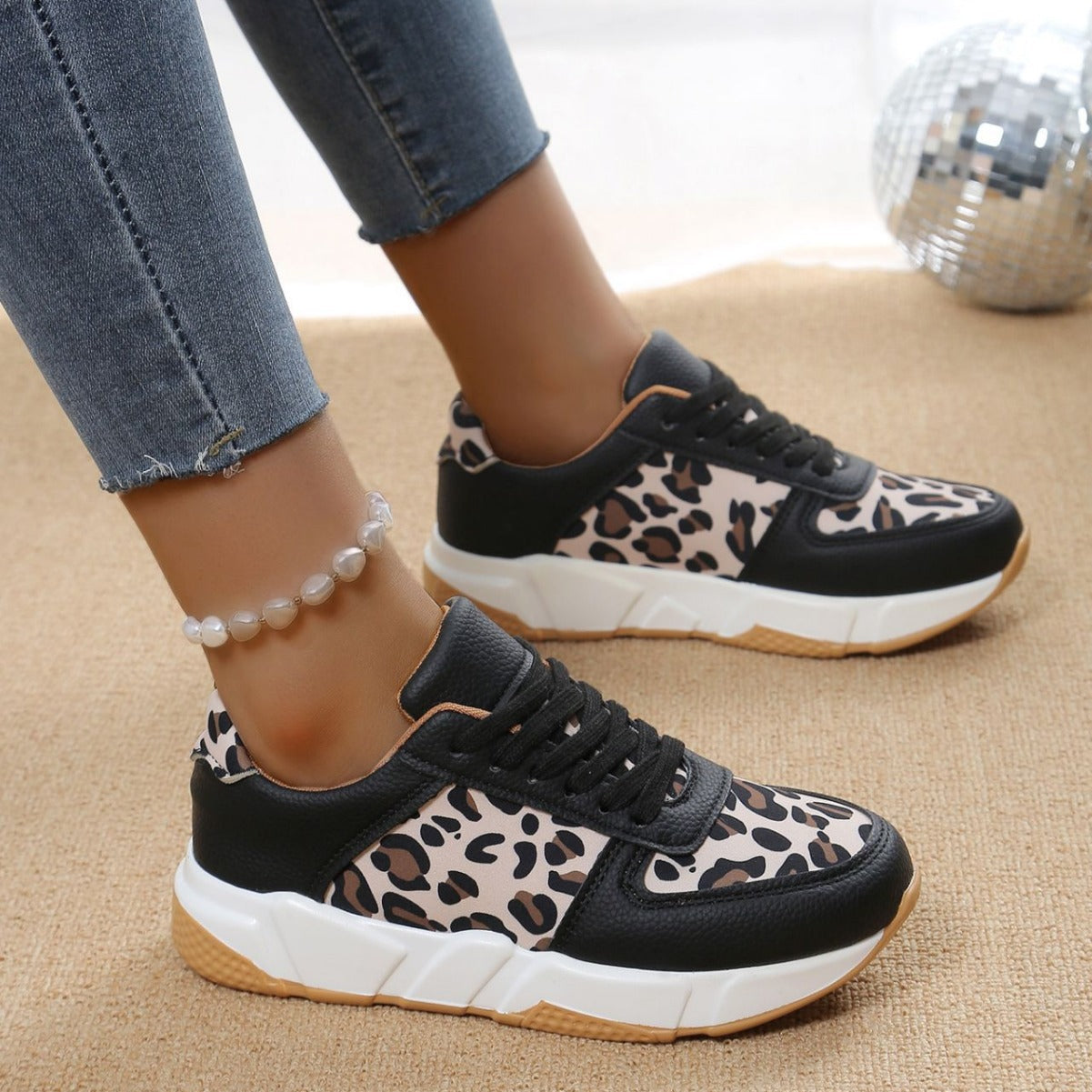 Women's Leopard Print  Flat Lace-up Sports Casual Sneakers Shoes