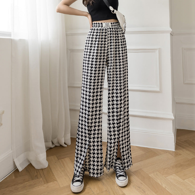 Women’s High-Waist Plaid Flared Pants – Slimming Slit Summer Trousers