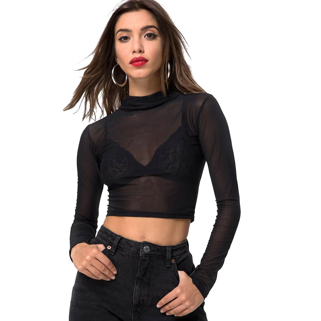 Women’s Sheer Mesh Long Sleeve Slim Fit Top – Lightweight See-Through Fashion BlouseV