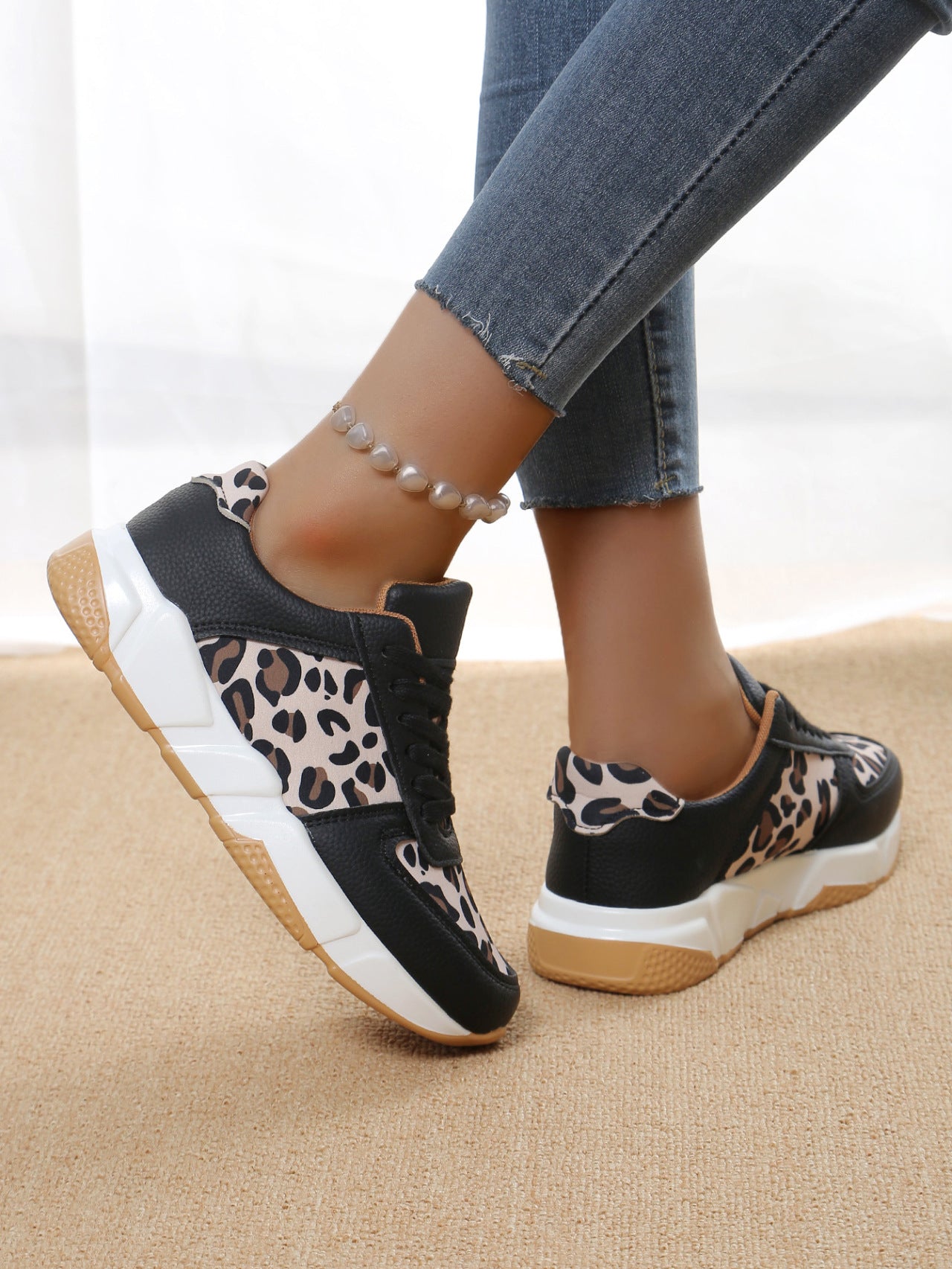 Women's Leopard Print  Flat Lace-up Sports Casual Sneakers Shoes