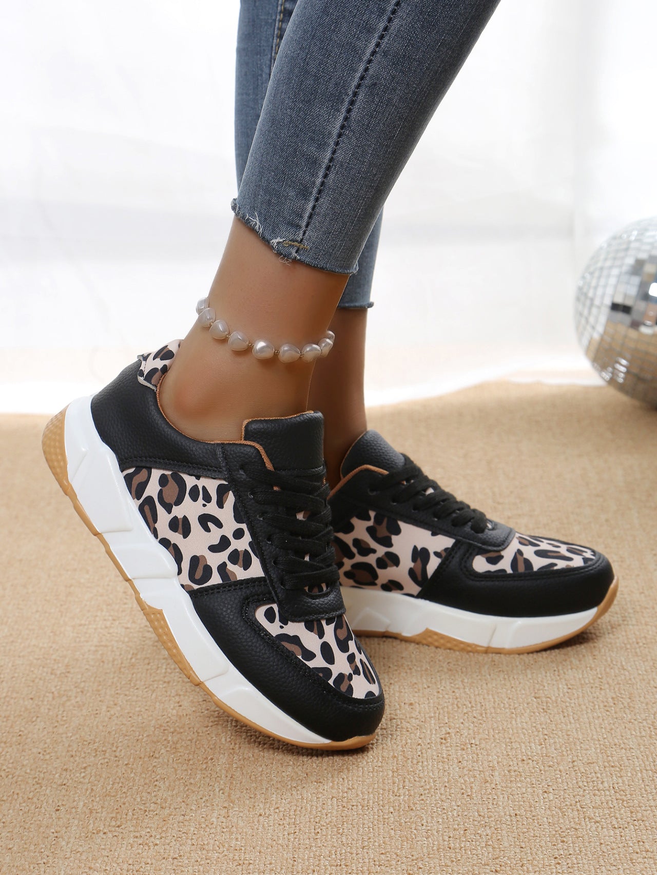 Women's Leopard Print  Flat Lace-up Sports Casual Sneakers Shoes
