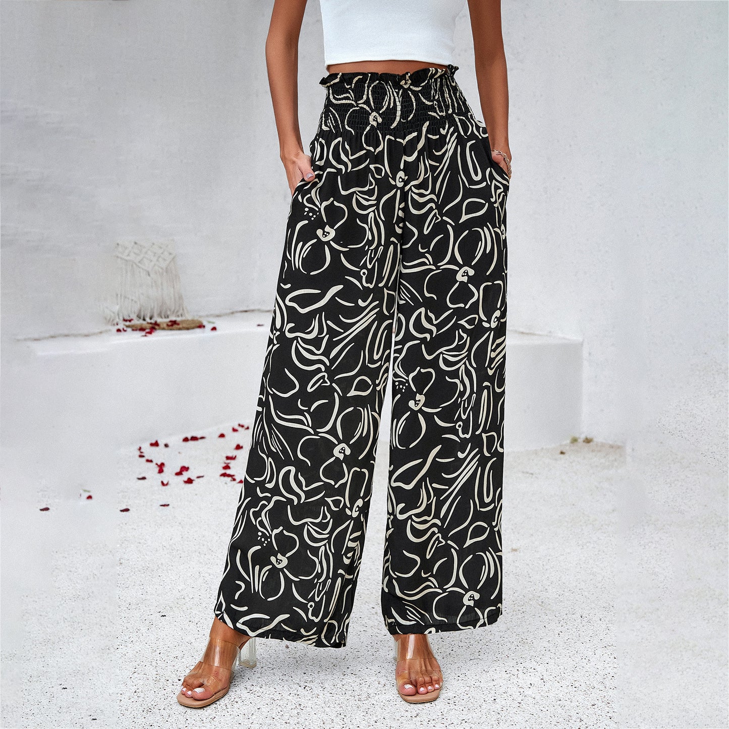 Elegant Loose Elastic High Waist Straight Pants For Womens