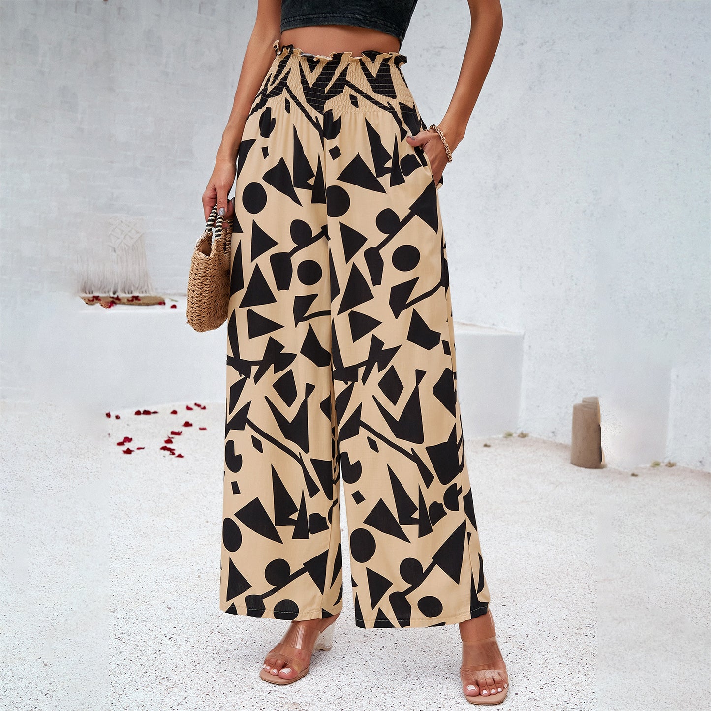 Elegant Loose Elastic High Waist Straight Pants For Womens