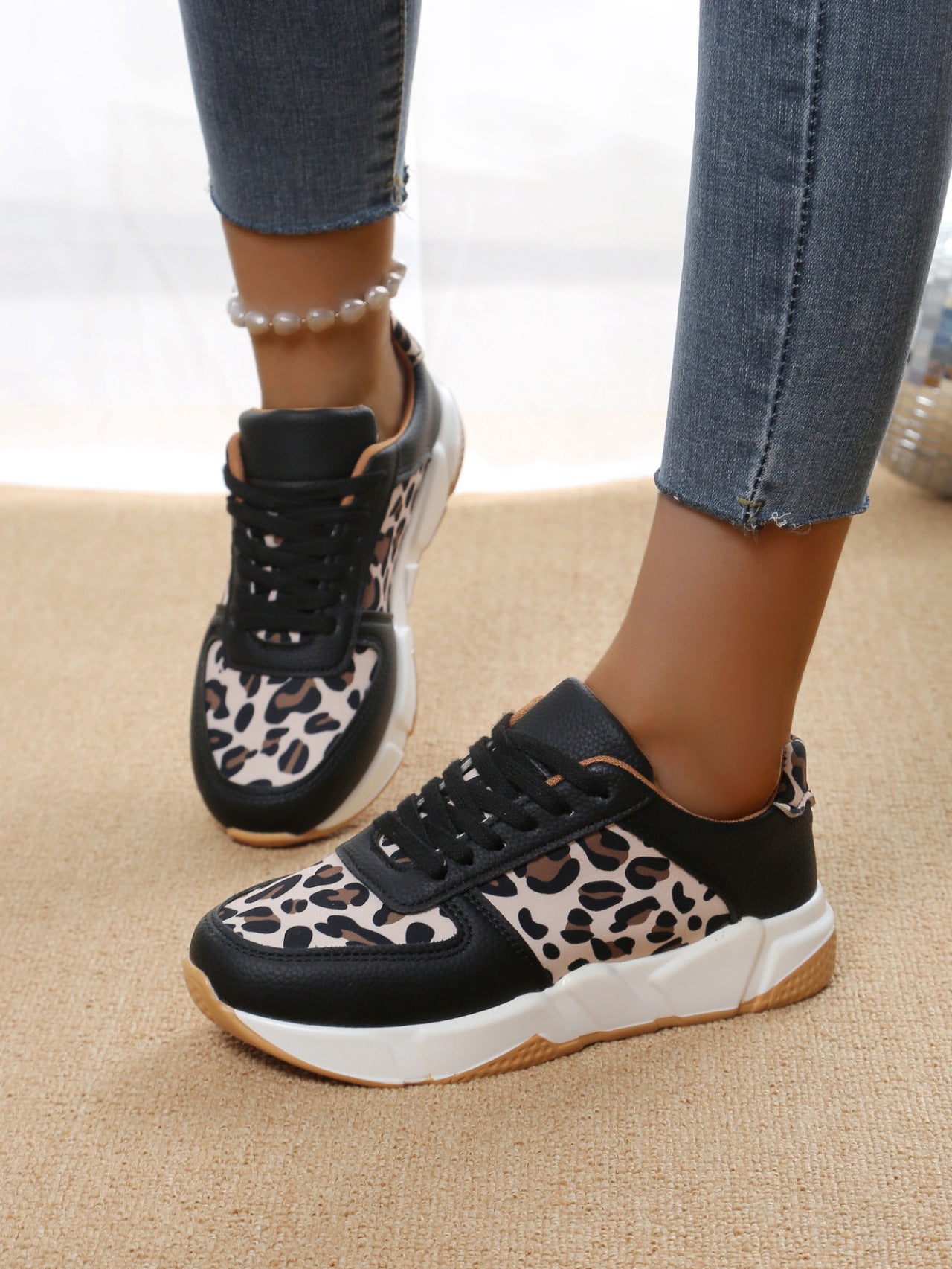 Women's Leopard Print  Flat Lace-up Sports Casual Sneakers Shoes