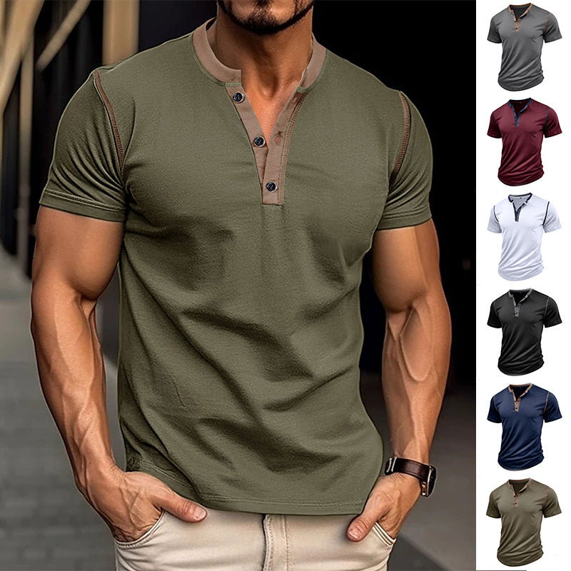 Men Short-sleeved Polo Shirt Button V-neck
