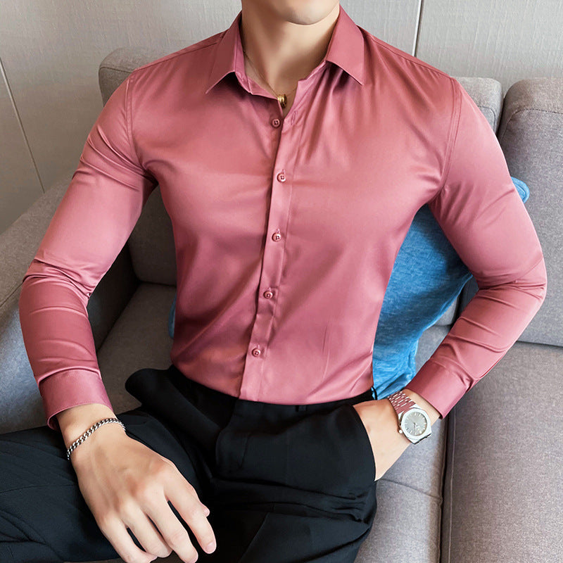 Men's Pure Red Solid Color  Long Sleeve Shirt For Autumn