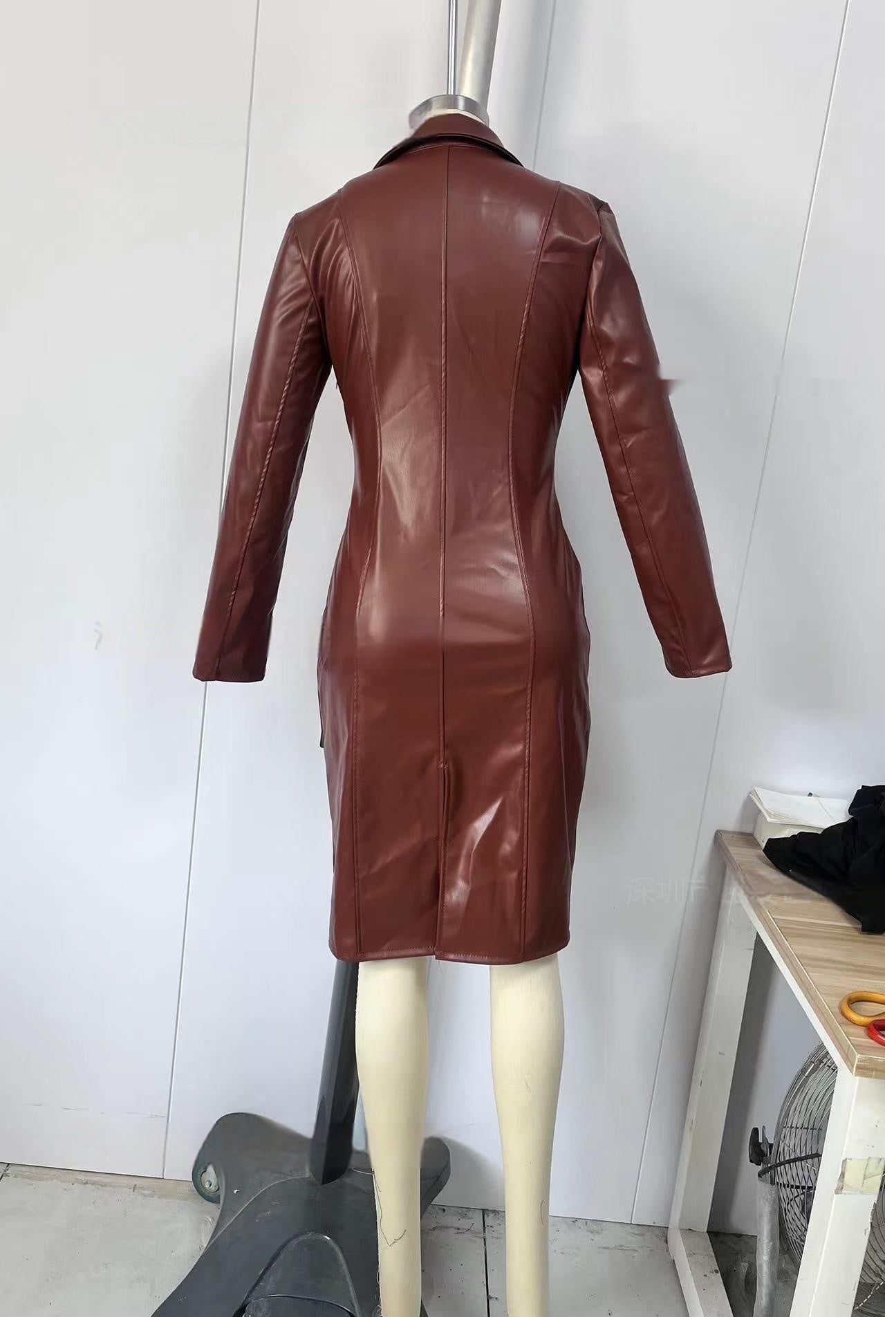 Women's Chic PU Leather Suit Dress – Stylish Long Sleeve Coat Dress 🖤✨