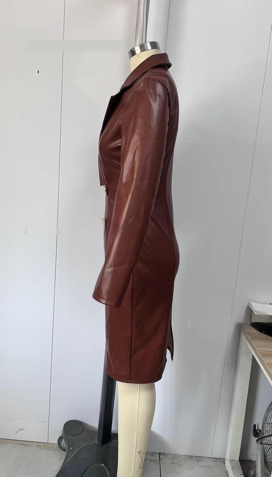 Women's Chic PU Leather Suit Dress – Stylish Long Sleeve Coat Dress 🖤✨