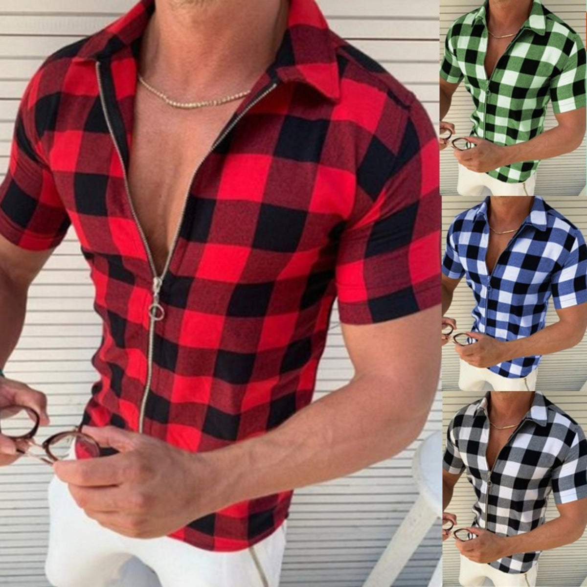 Plaid T Shirt Mens Zipper Short Sleeve Shirts Men Clothing