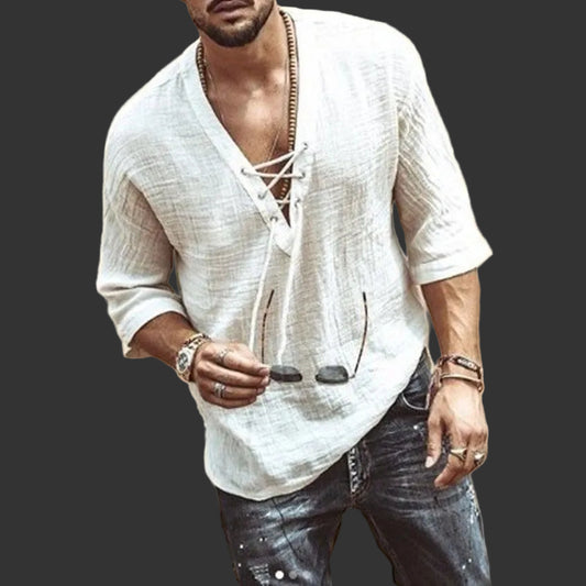 Men Comfortable Lace Up Corn Mid Sleeved T-shirt