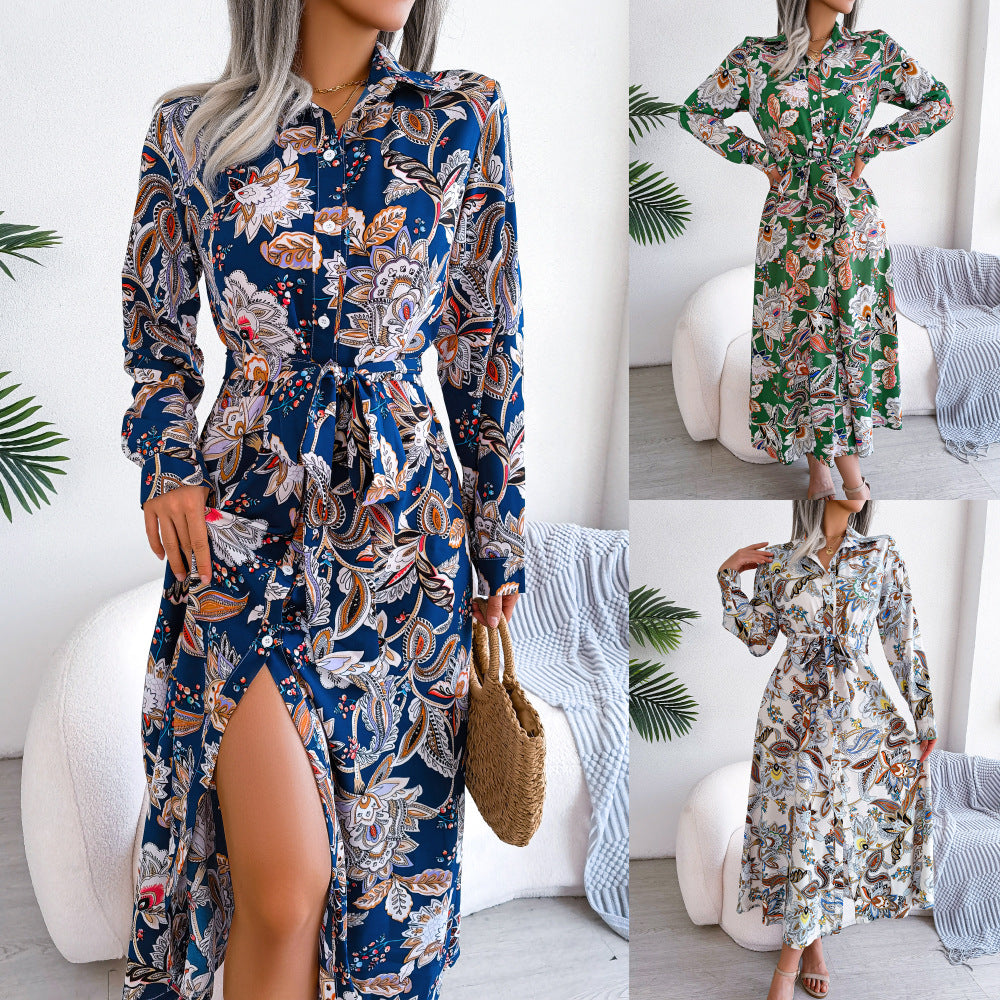 Retro Floral Stand Collar Dress for Women – Belted Long Skirt, Full Sleeve Ankle-Length