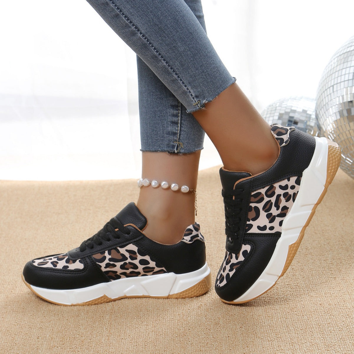 Women's Leopard Print  Flat Lace-up Sports Casual Sneakers Shoes