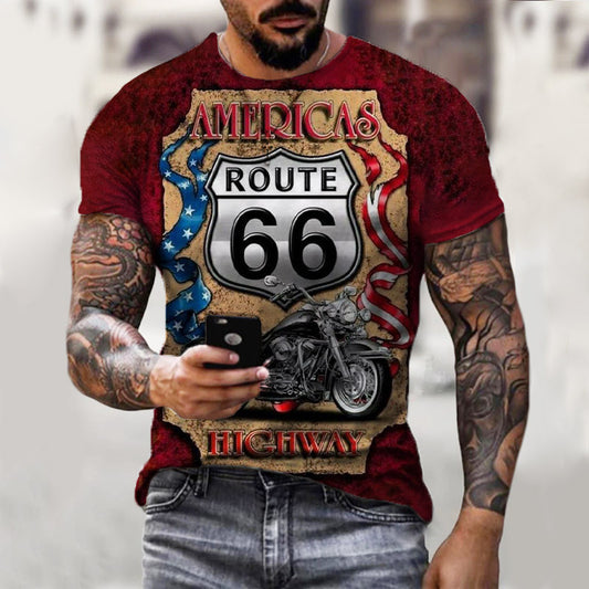European And American Men's Route 66 Printed Casual Round Neck T-Shirt