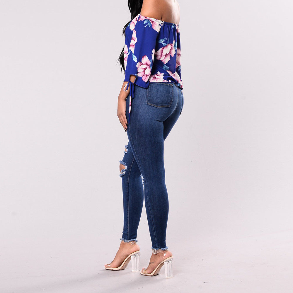 Ripped Slim Slim Pants Dark Temperament Denim Pants