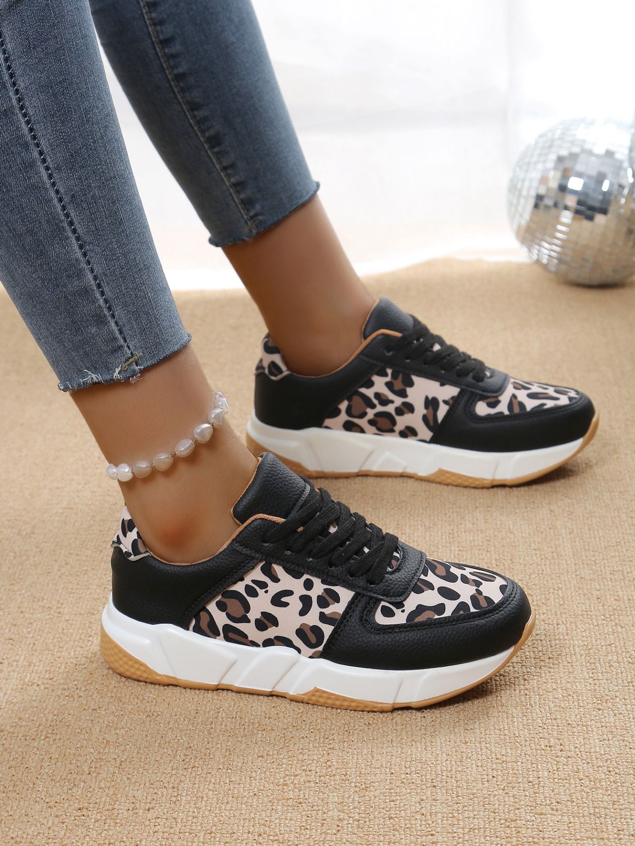 Women's Leopard Print  Flat Lace-up Sports Casual Sneakers Shoes