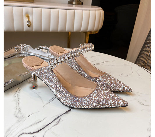 Mouth Rhinestones Pearl Flat High Heels Single Shoes Women