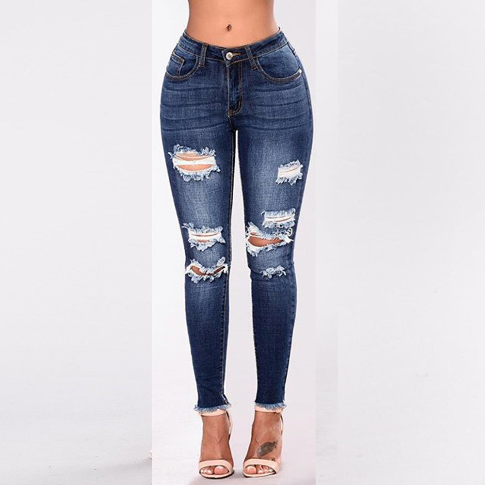 Ripped Slim Slim Pants Dark Temperament Denim Pants