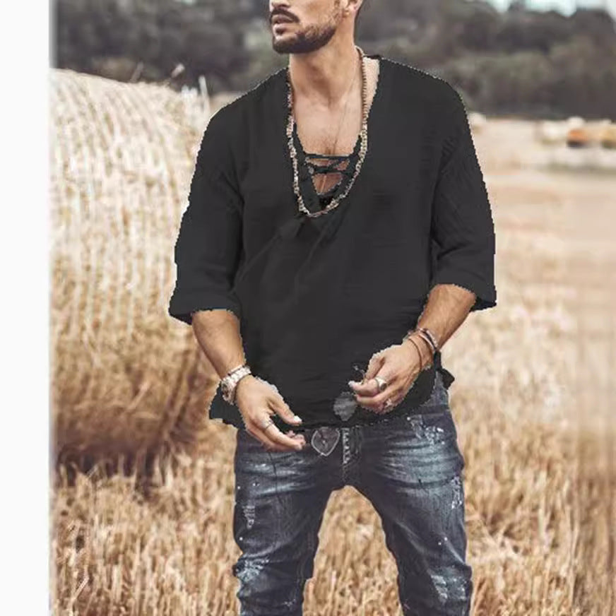 Men Comfortable Lace Up Corn Mid Sleeved T-shirt