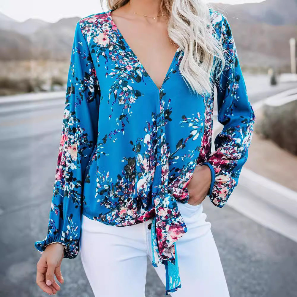 Women’s V-Neck Long Sleeve Knotted Top – Vintage Print Fashion Shirt