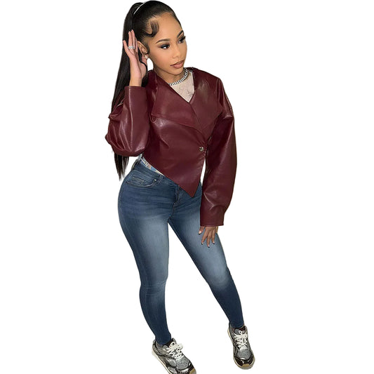 Women’s PU Leather Casual Jacket – Solid Color Stylish Coat for Everyday