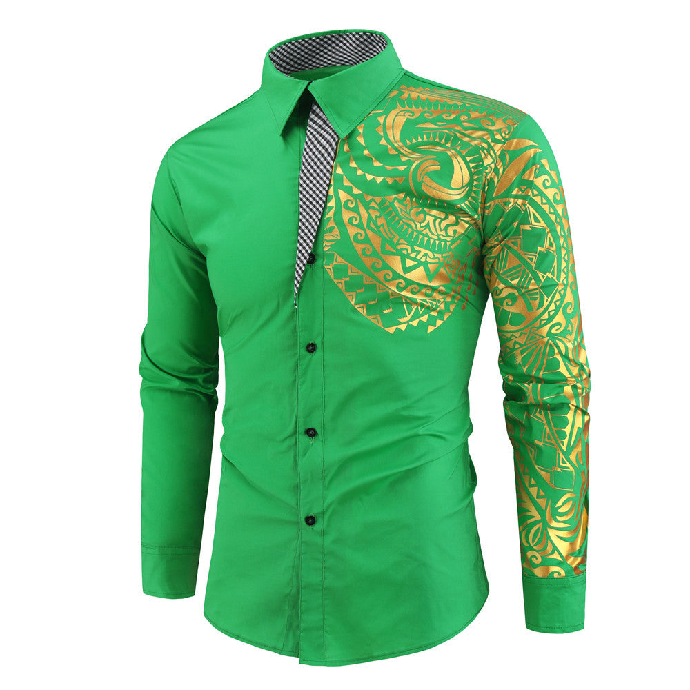 Men's Fashion Bronze Print Long Sleeve Lapel Shirt