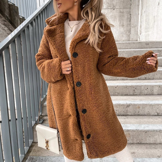 Comfortable and elegant women's coat for the winter season |Long Sleeve Lapel Jacket Lamb Wool Large