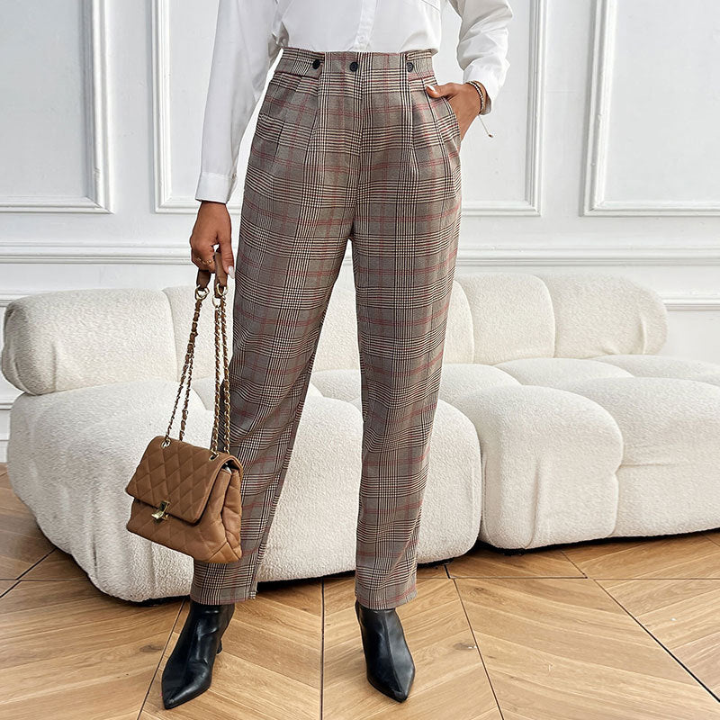Houndstooth Suit Pants for Women – Elegant High-Waist Ladies Trousers