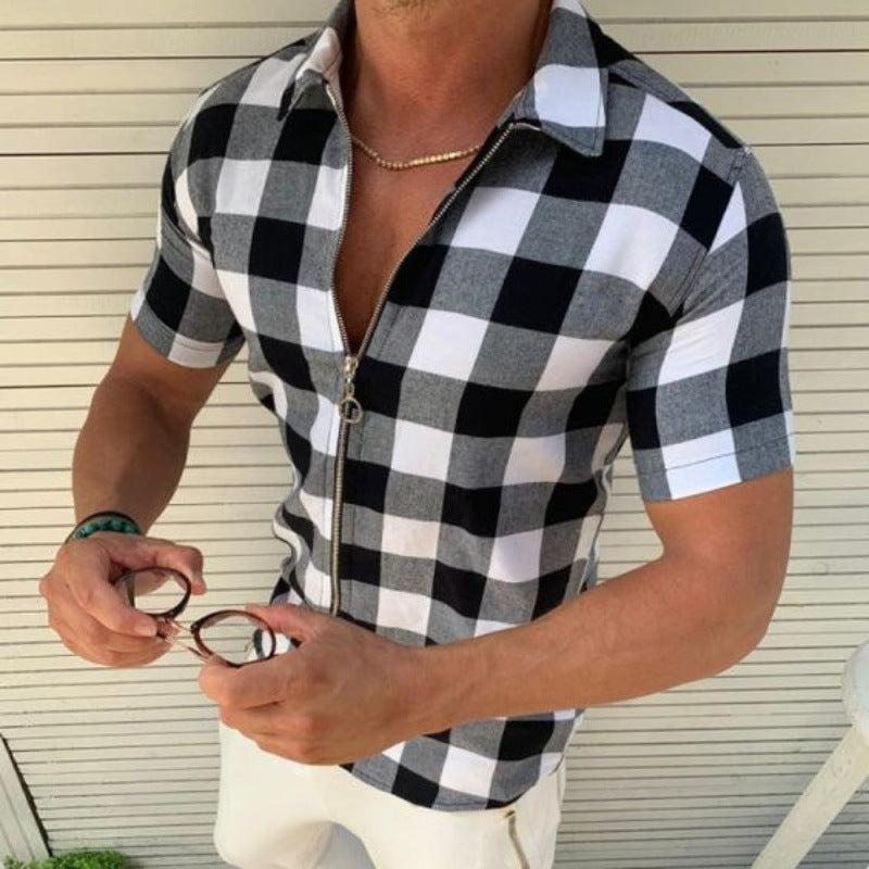 Plaid T Shirt Mens Zipper Short Sleeve Shirts Men Clothing