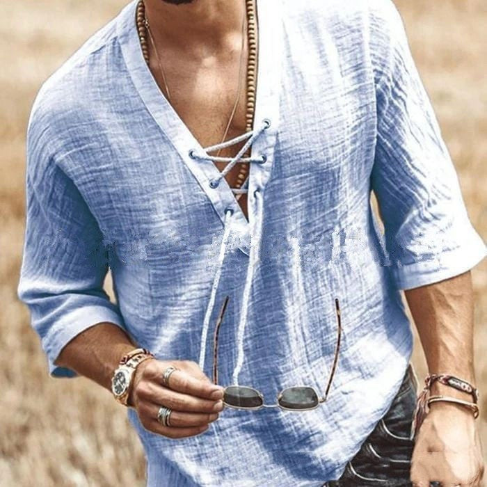 Men Comfortable Lace Up Corn Mid Sleeved T-shirt