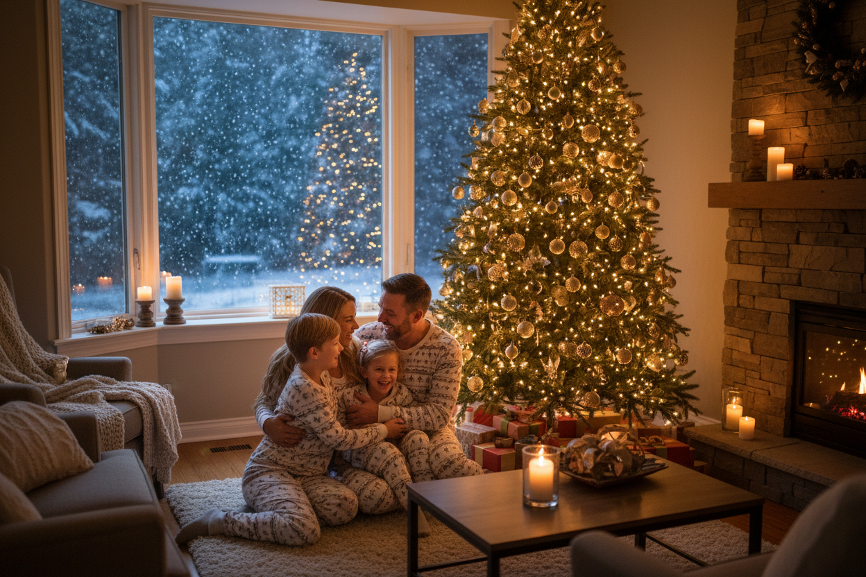 Happy family in night christmas